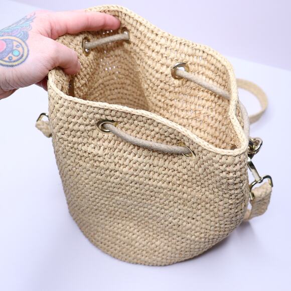 PACO RABANNE Natural Raffia Bucket Bag Gold Chain Link Top Handle Crossbody Bag - Picture 6 of 11